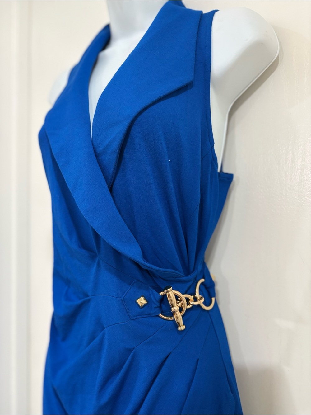 Cache Sleeveless Draped Wrap Dress in Cobalt Blue with Gold Accent - Picture 2 of 6